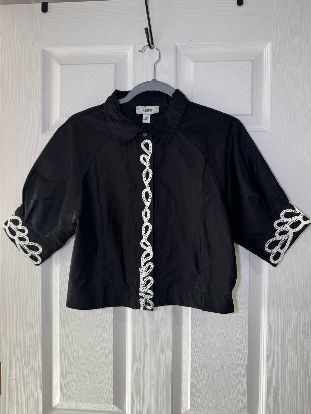 Jason Wu Black Cropped Button-Front Shirt with White Loop Trim